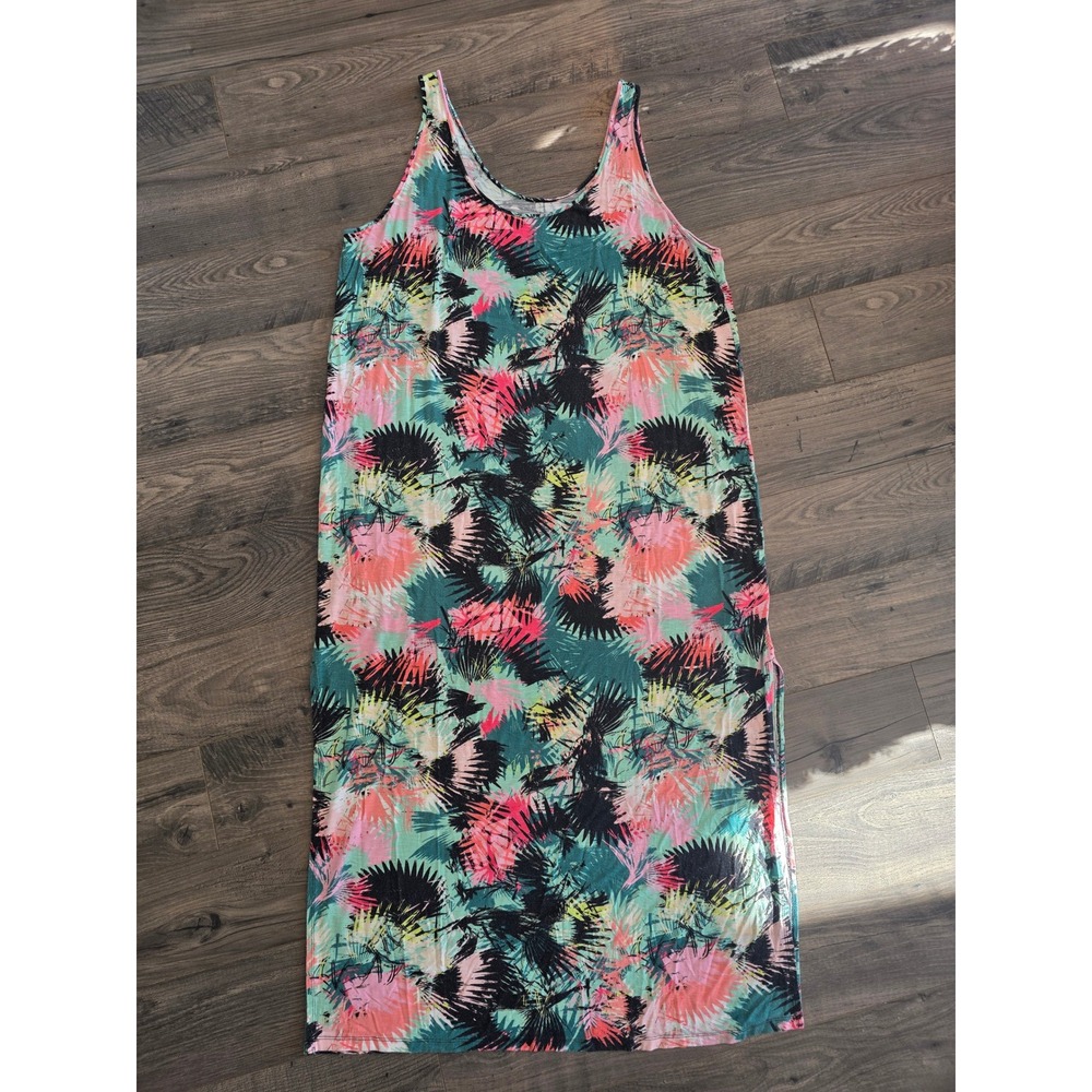 Women's Plus Sz 2X Tropical Leaf‎ Print Maxi Tank Dress Side Slits Summer Resort